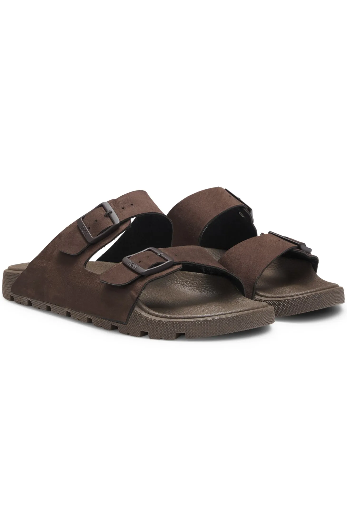 Twin-strap slides with branded buckles