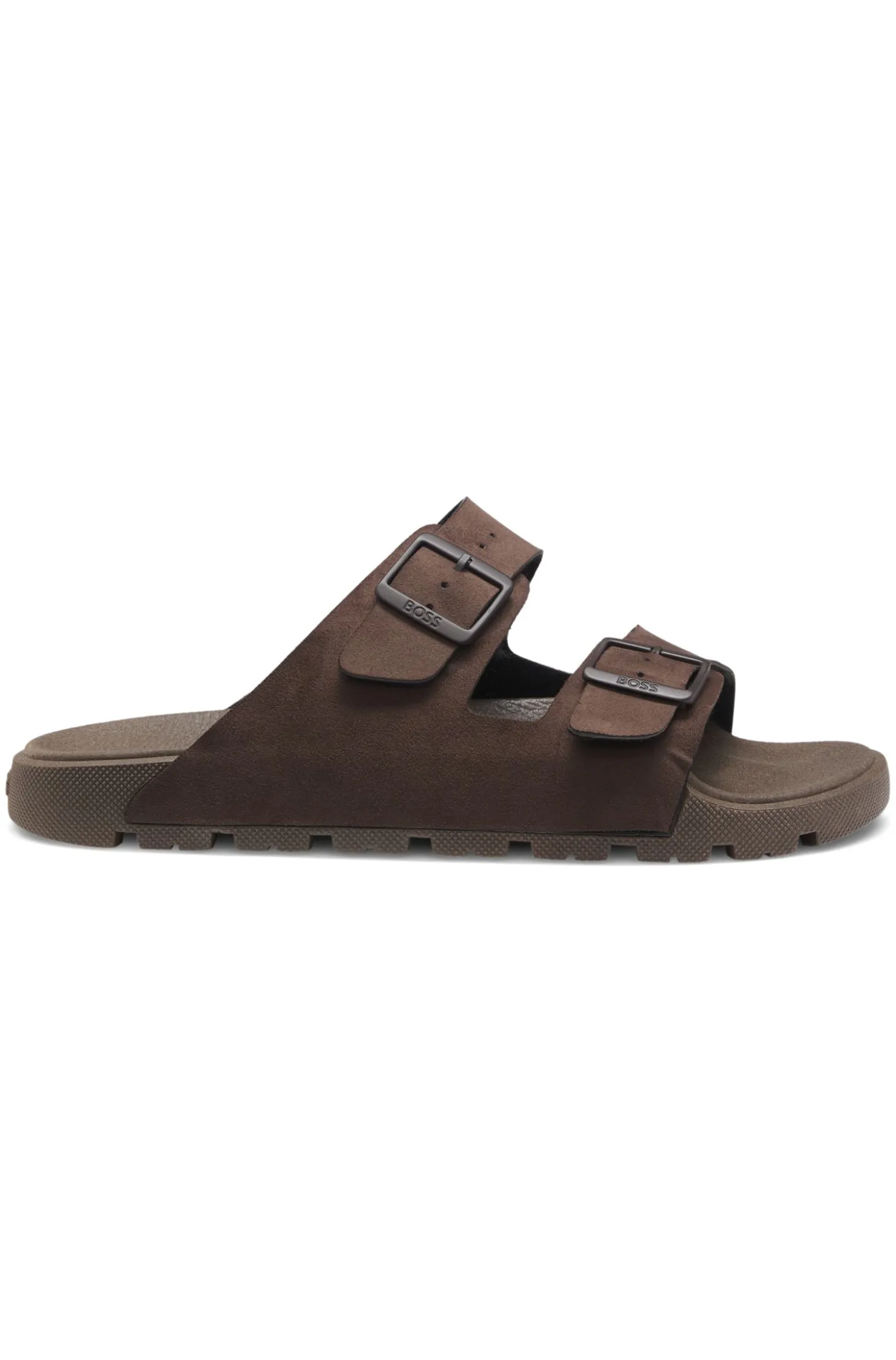 Twin-strap slides with branded buckles