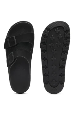 Twin-strap slides with branded buckles