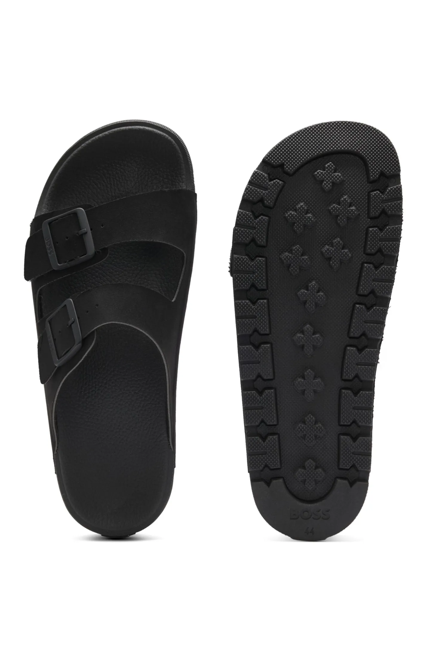 Twin-strap slides with branded buckles