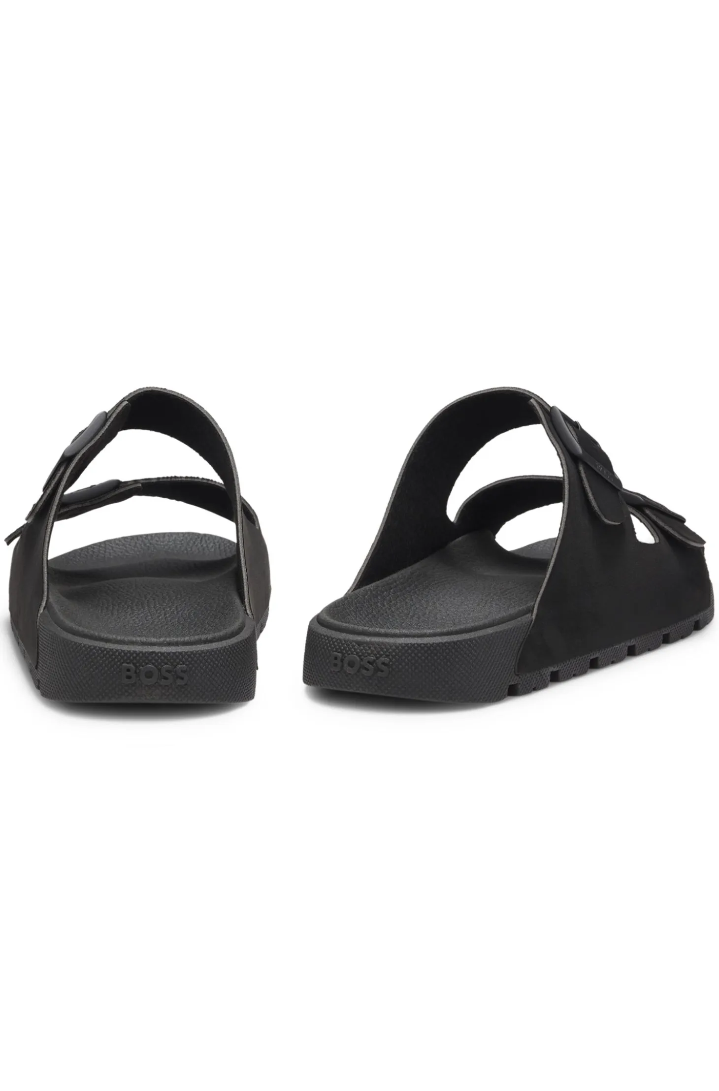 Twin-strap slides with branded buckles