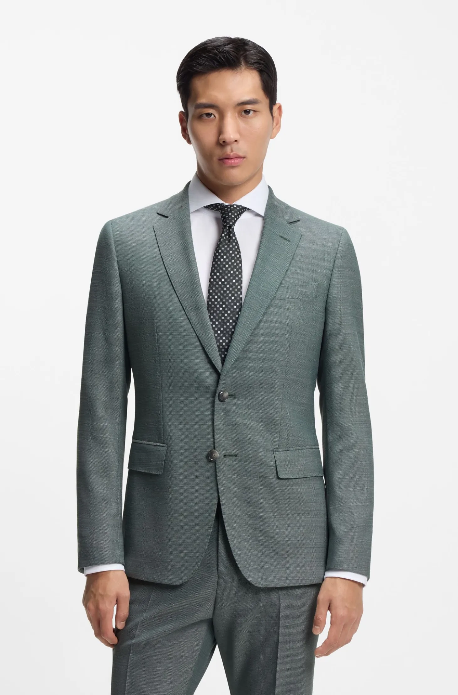 Two-piece slim-fit suit in micro-patterned stretch cloth