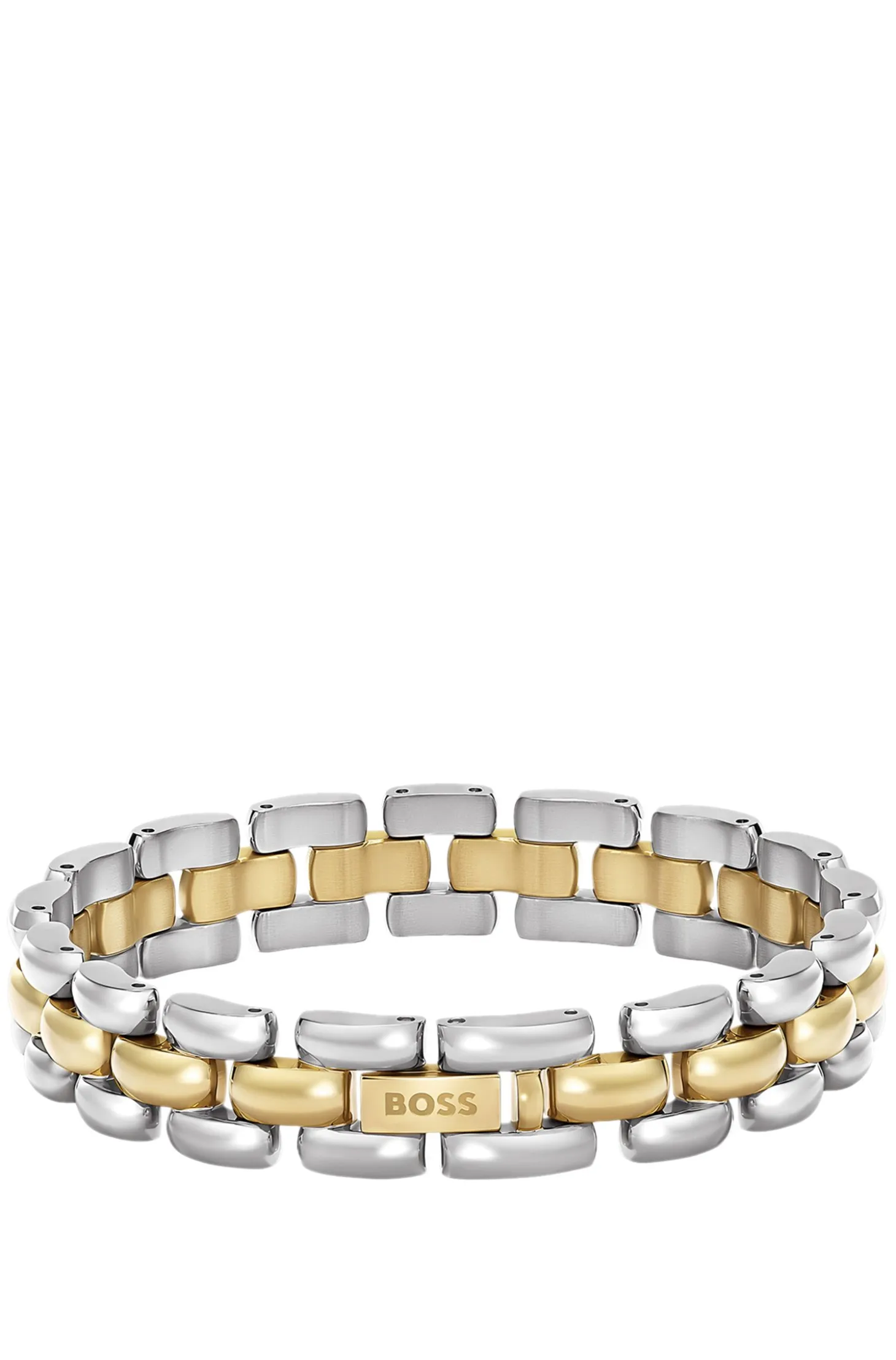 Two-tone link bracelet with engraved logo