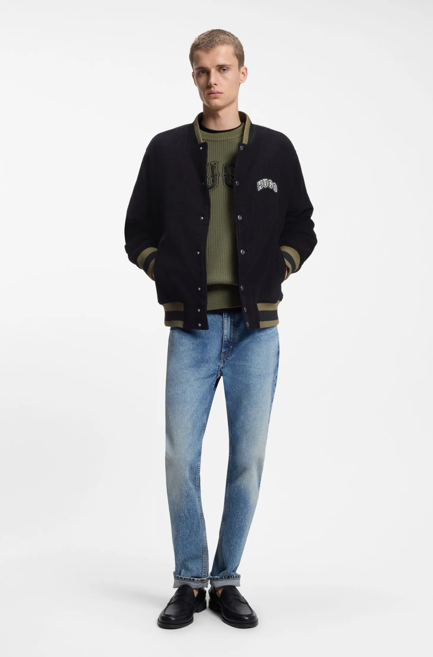 Varsity jacket in cotton corduroy with logo patch