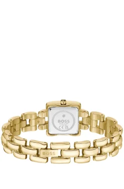 Violet square gold-tone watch with sculptural bracelet