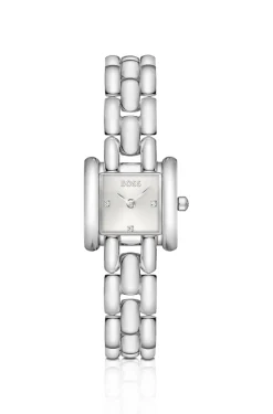 Violet square stainless-steel watch with sculptural bracelet