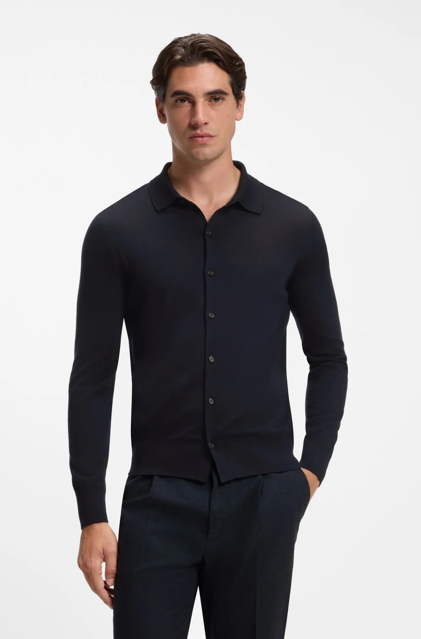 Virgin wool cardigan with a polo collar