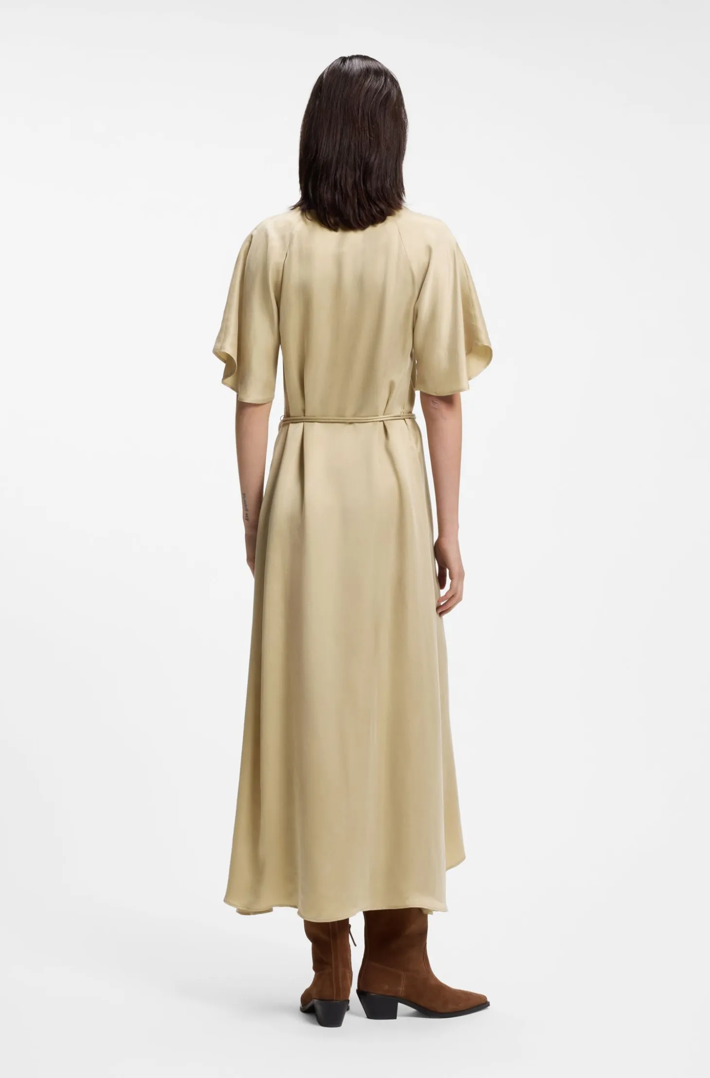 V-neck dress with buckled spaghetti belt