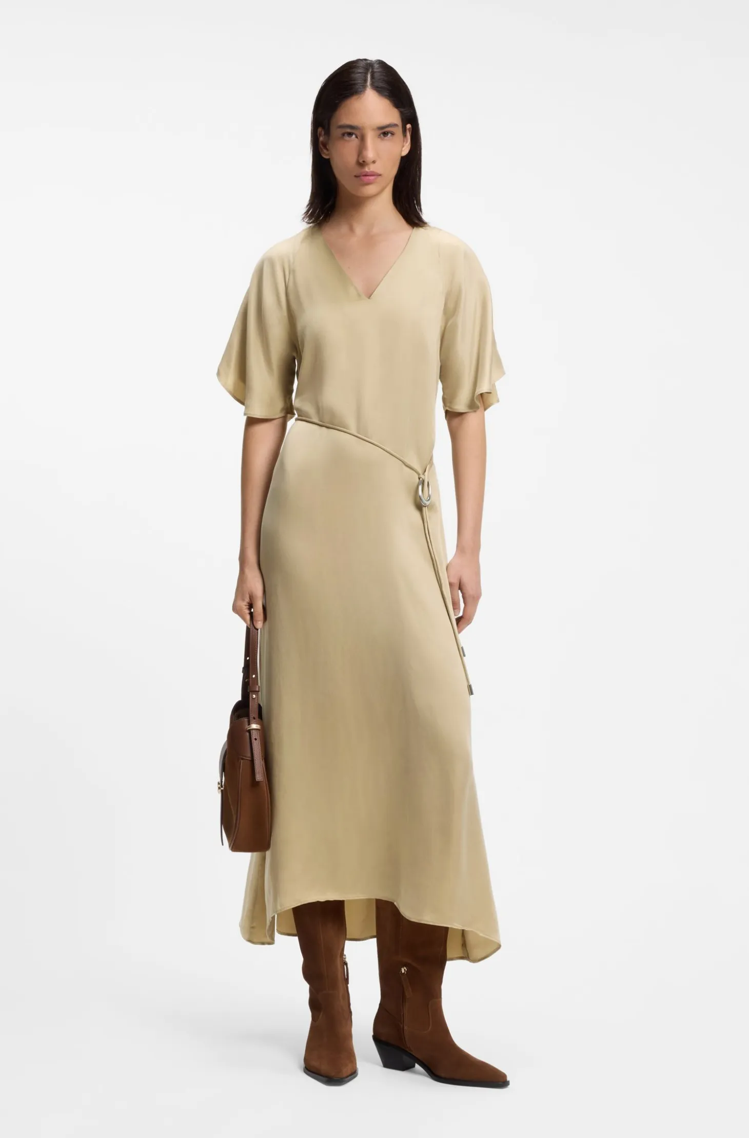 V-neck dress with buckled spaghetti belt