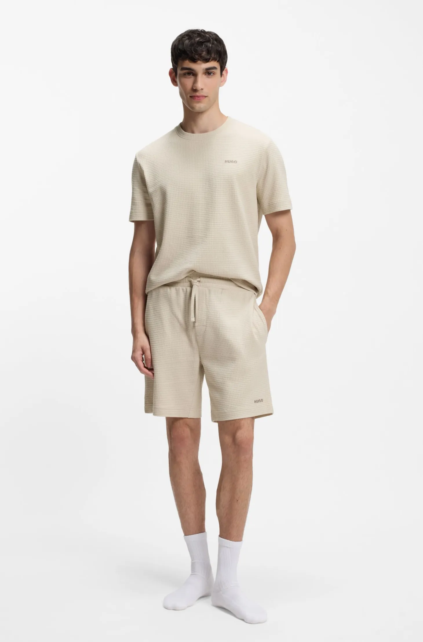 Waffle-structured pyjama shorts with embroidered logo