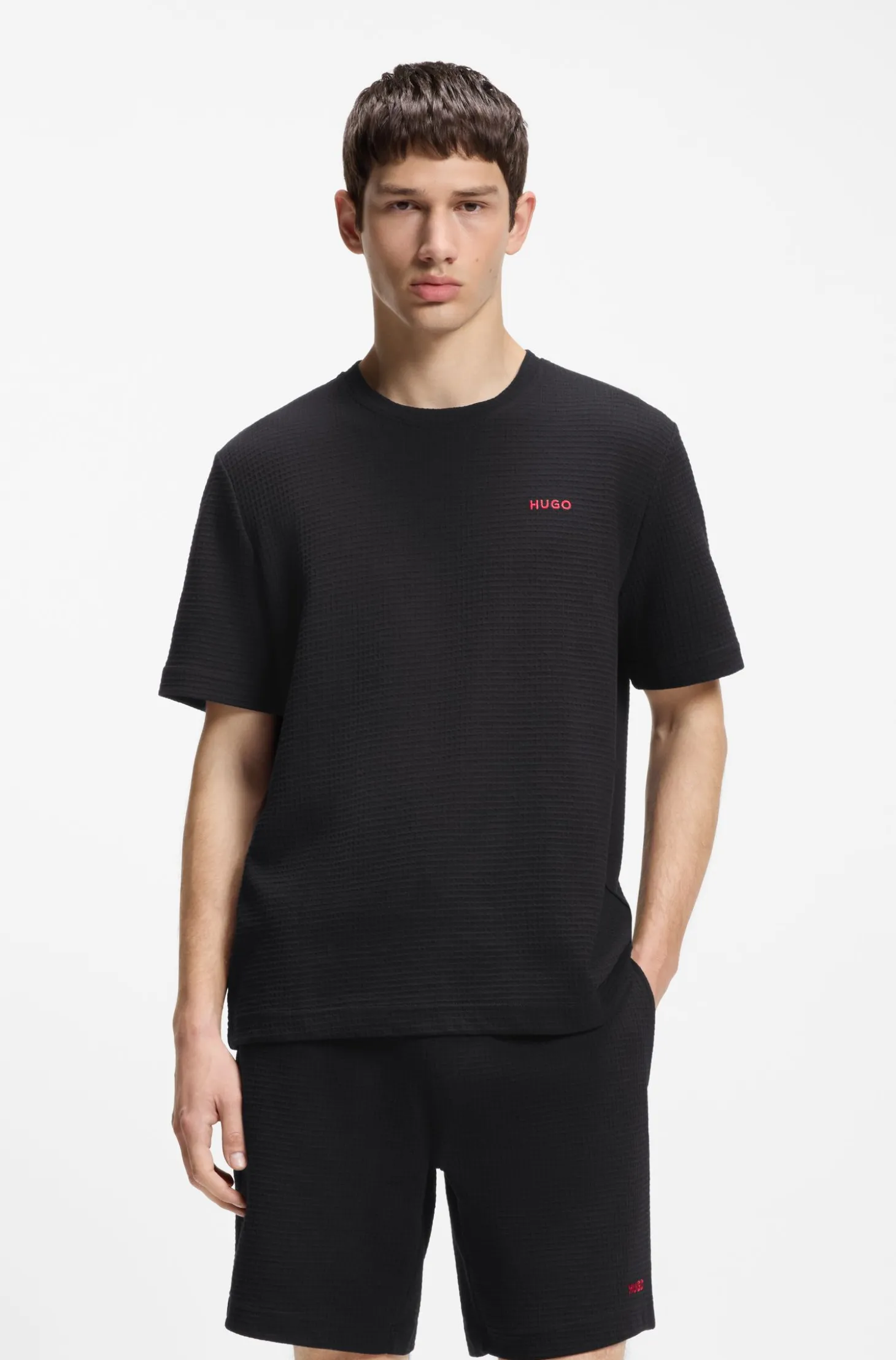 Waffle-structured pyjama T-shirt with embroidered logo