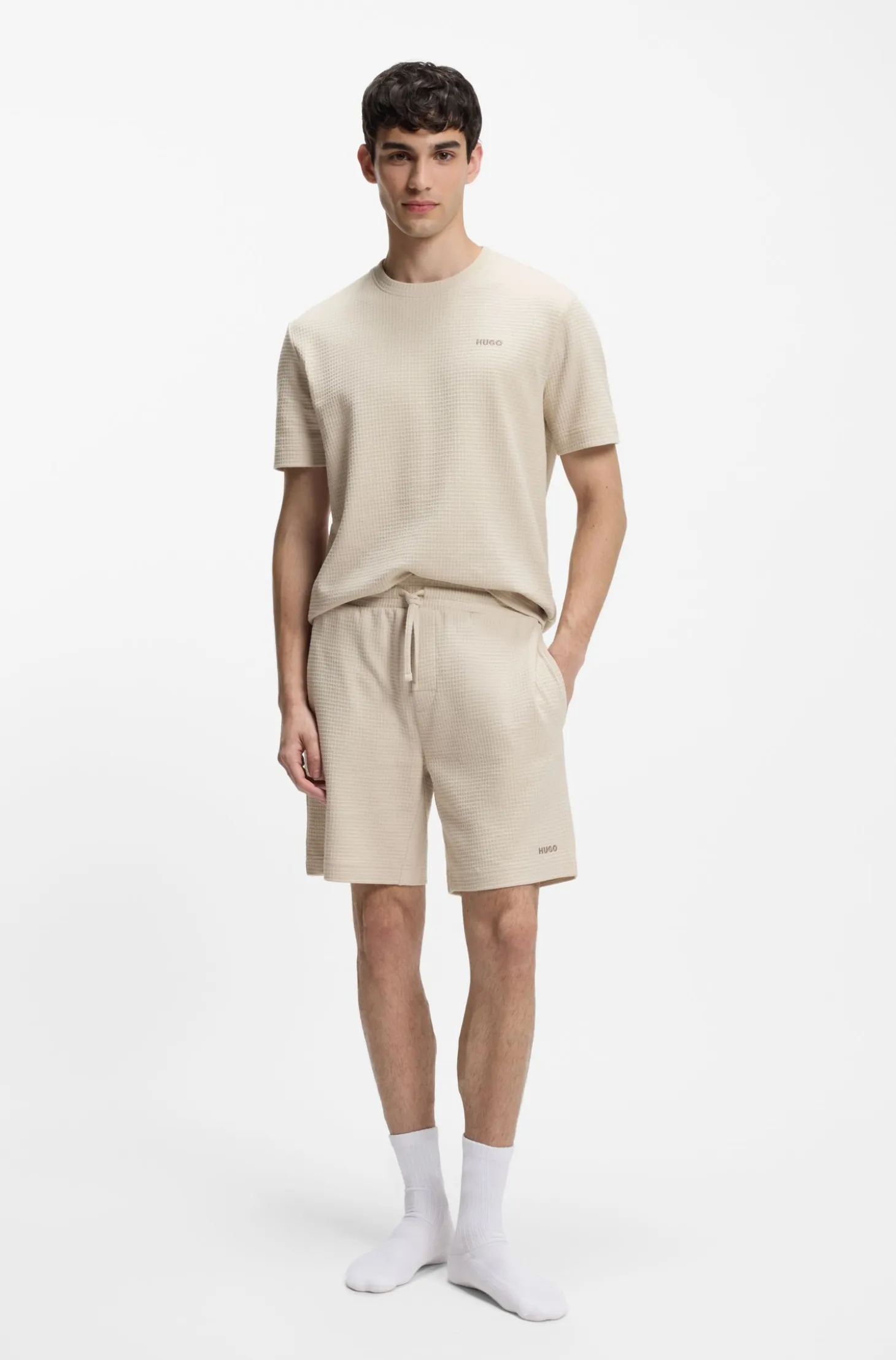 Waffle-structured pyjama T-shirt with embroidered logo