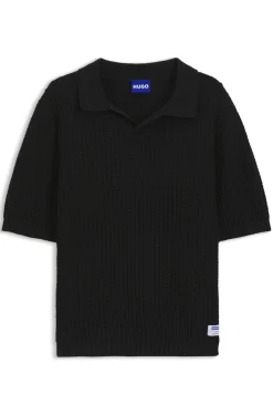 Waffle-structure knit polo with Johnny collar
