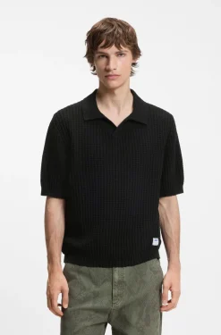 Waffle-structure knit polo with Johnny collar