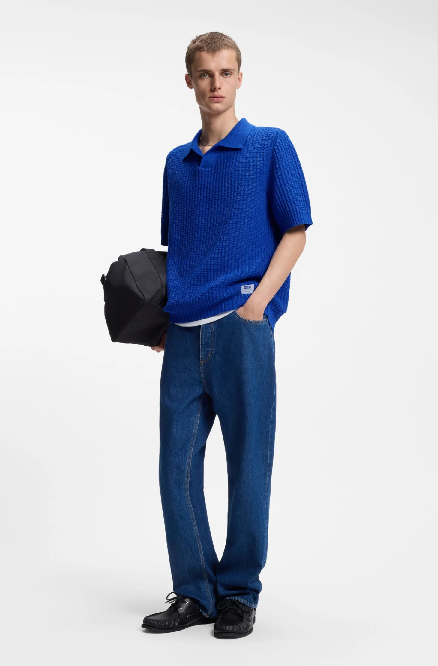 Waffle-structure knit polo with Johnny collar