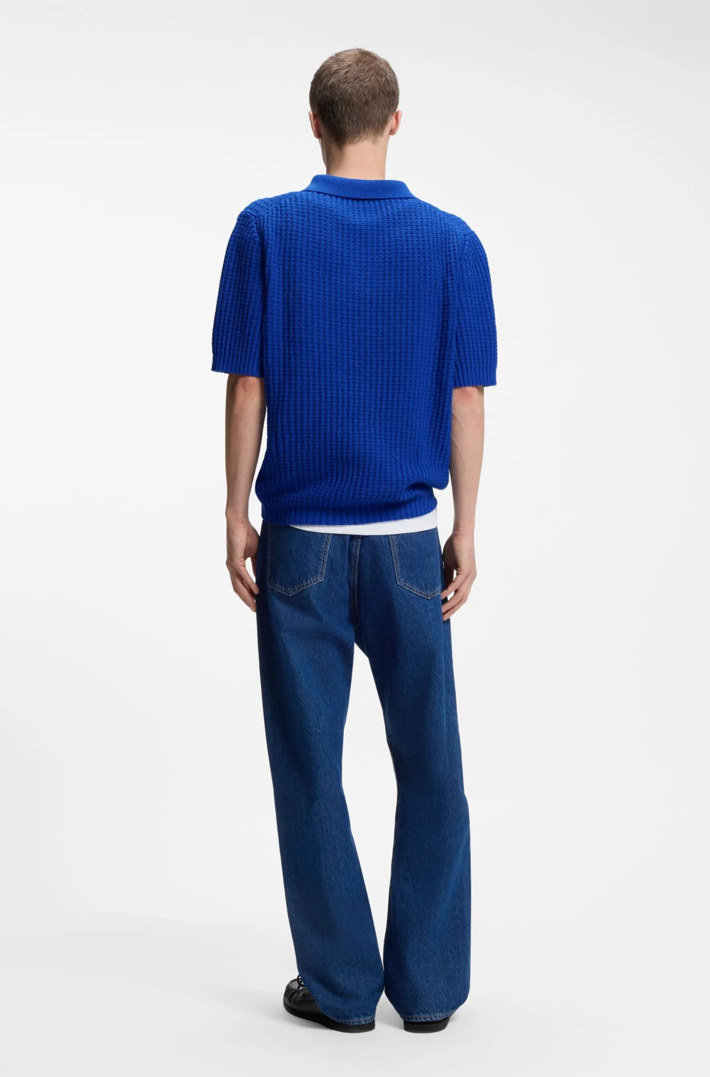 Waffle-structure knit polo with Johnny collar