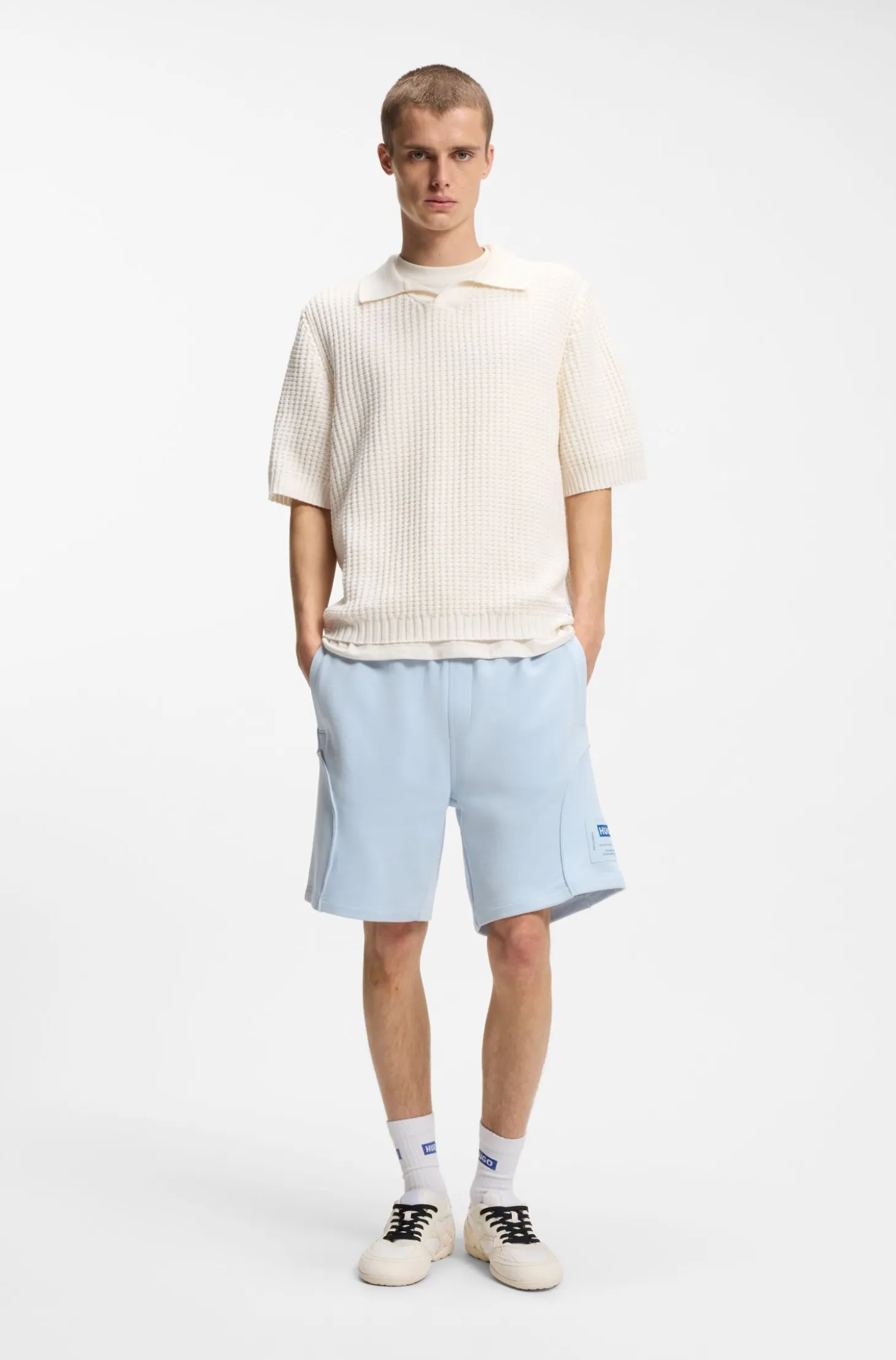 Waffle-structure knit polo with Johnny collar