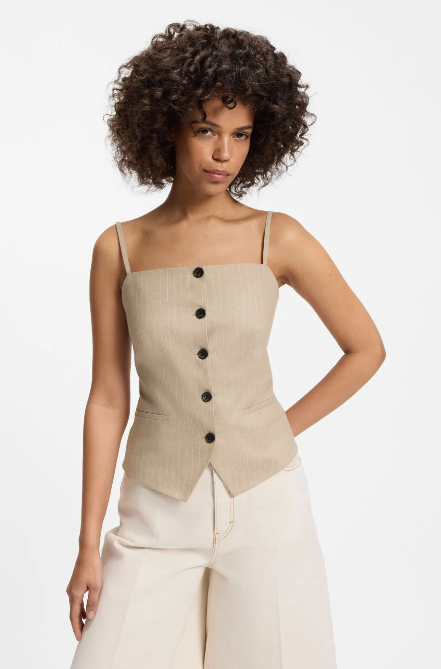 Waistcoat-style slim-fit top with sparkling pinstripe