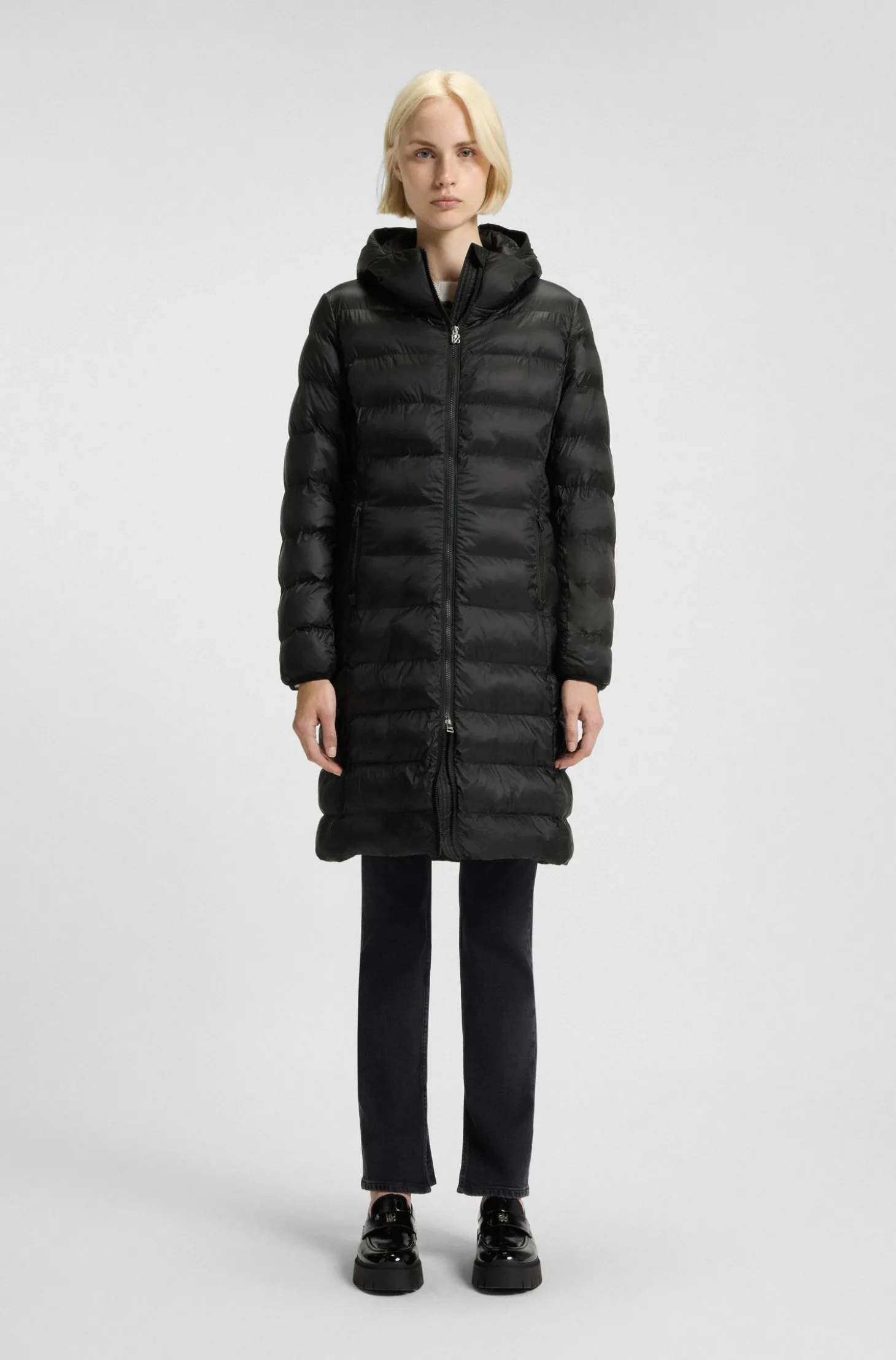 Water-repellent hooded coat with lightweight padding