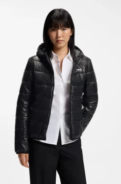 Water-repellent hooded puffer jacket with logo print