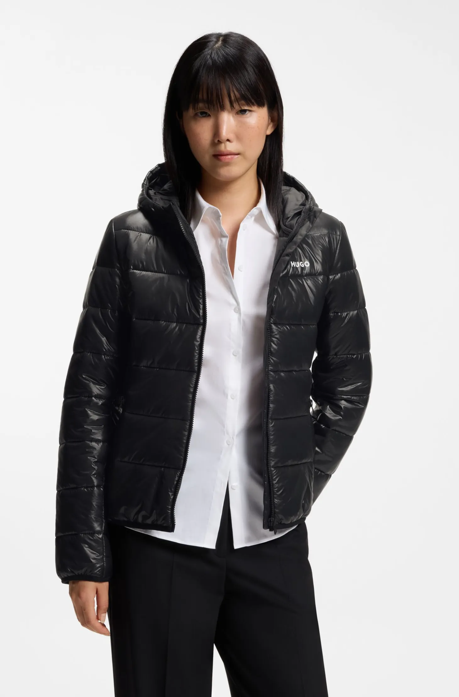 Water-repellent hooded puffer jacket with logo print