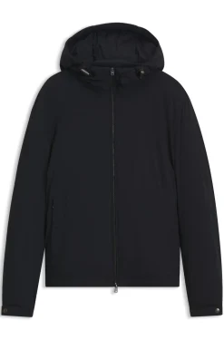 Water-repellent hooded short jacket with down filling