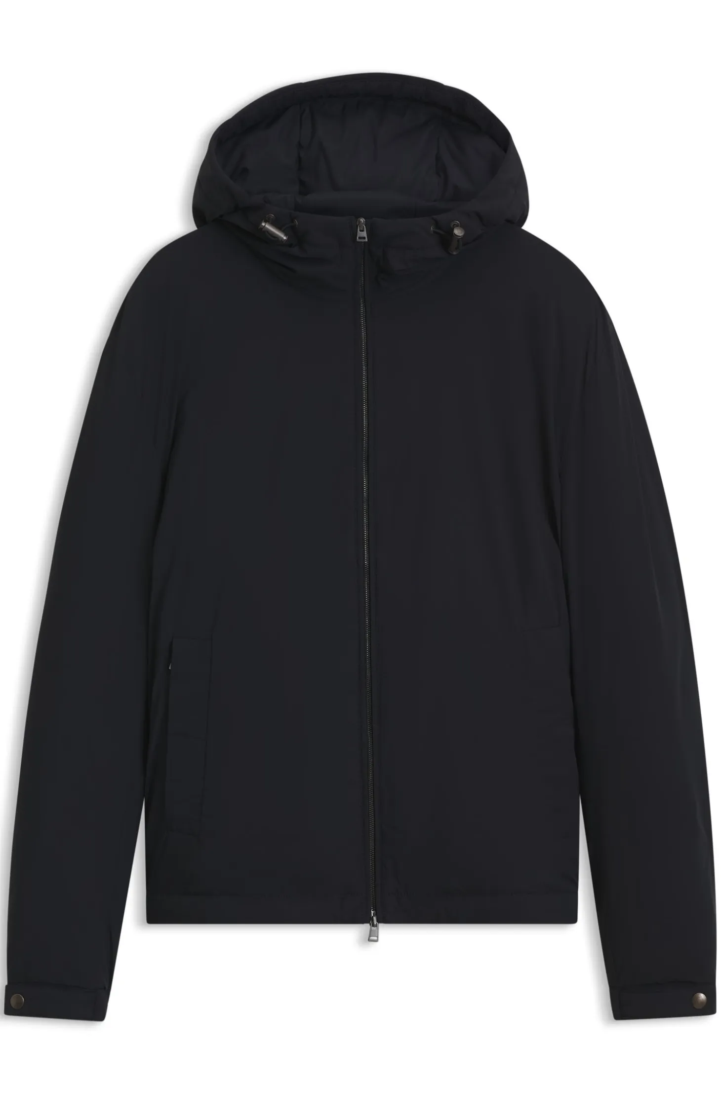 Water-repellent hooded short jacket with down filling