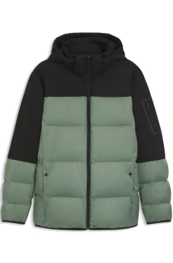 Water-repellent jacket with down filling and detachable hood