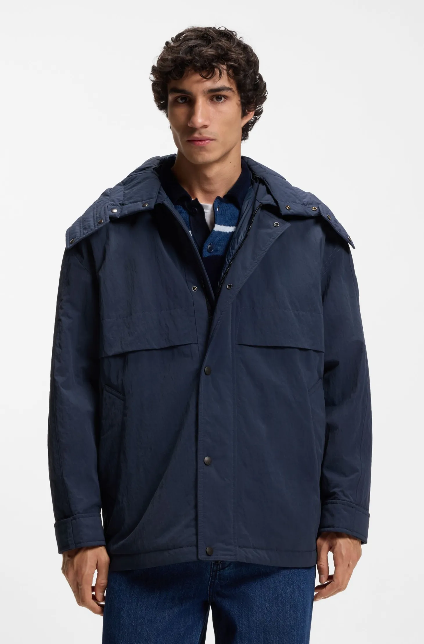 Water-repellent jacket with removable hood