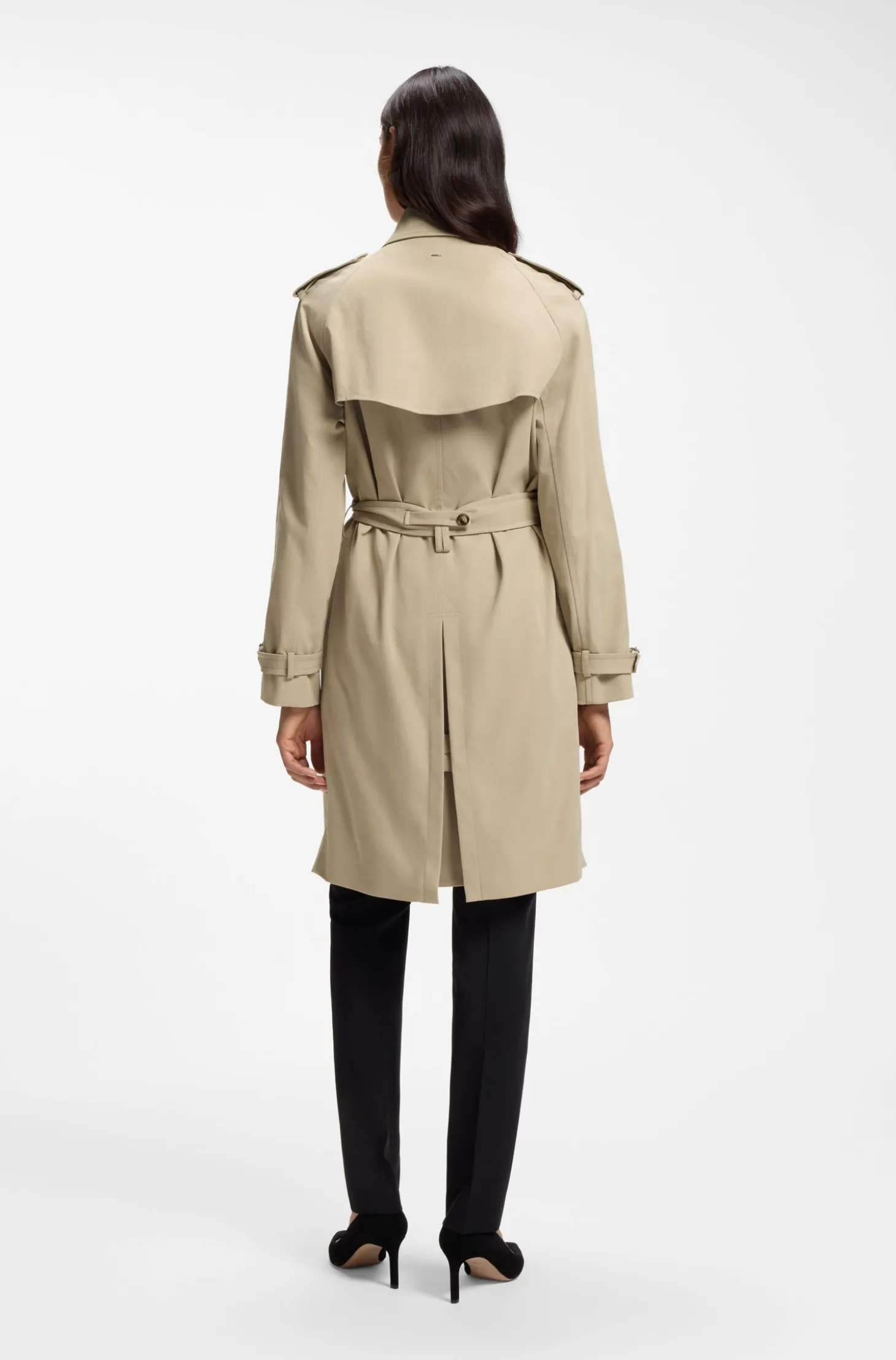 Water-repellent trench coat with buckled belt