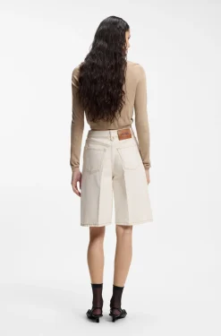 Wide-leg shorts in washed ecru denim