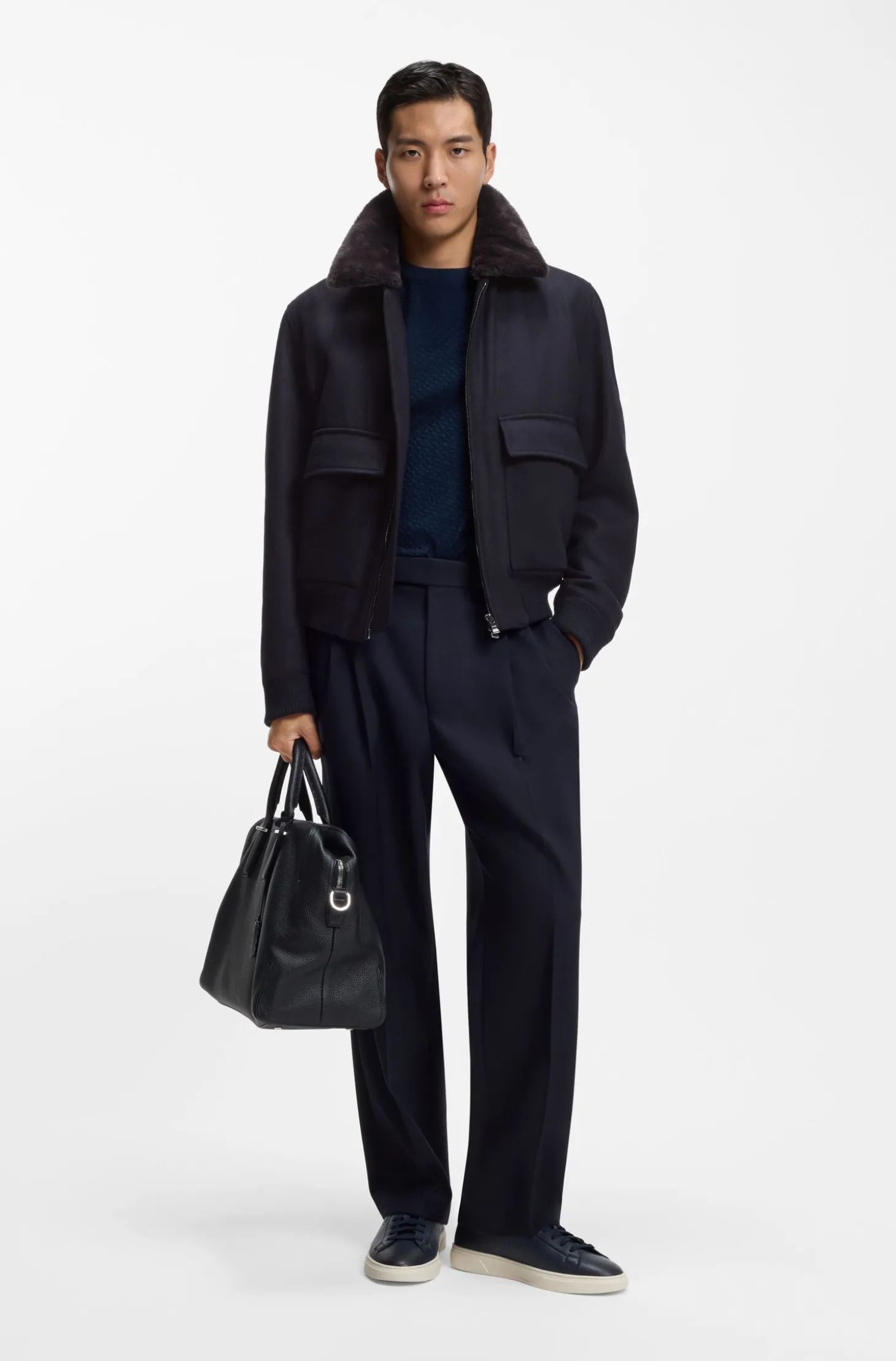 Wool-cashmere coat with faux-fur collar