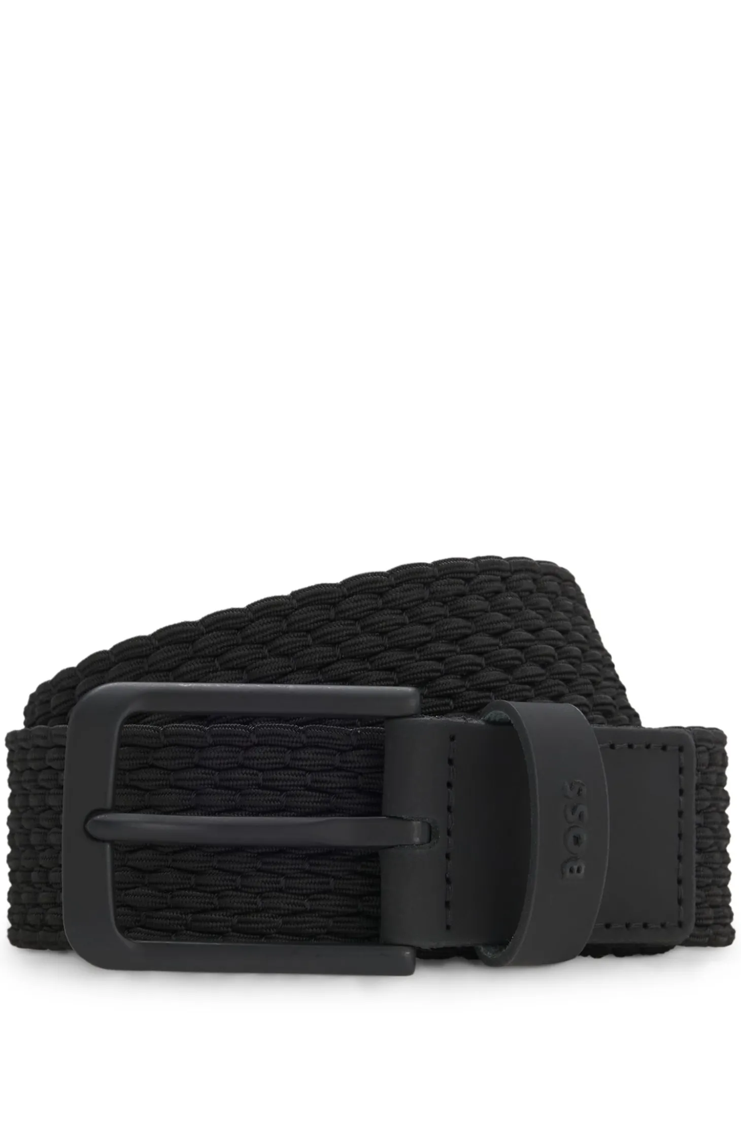 Woven belt with leather trims and logo detail