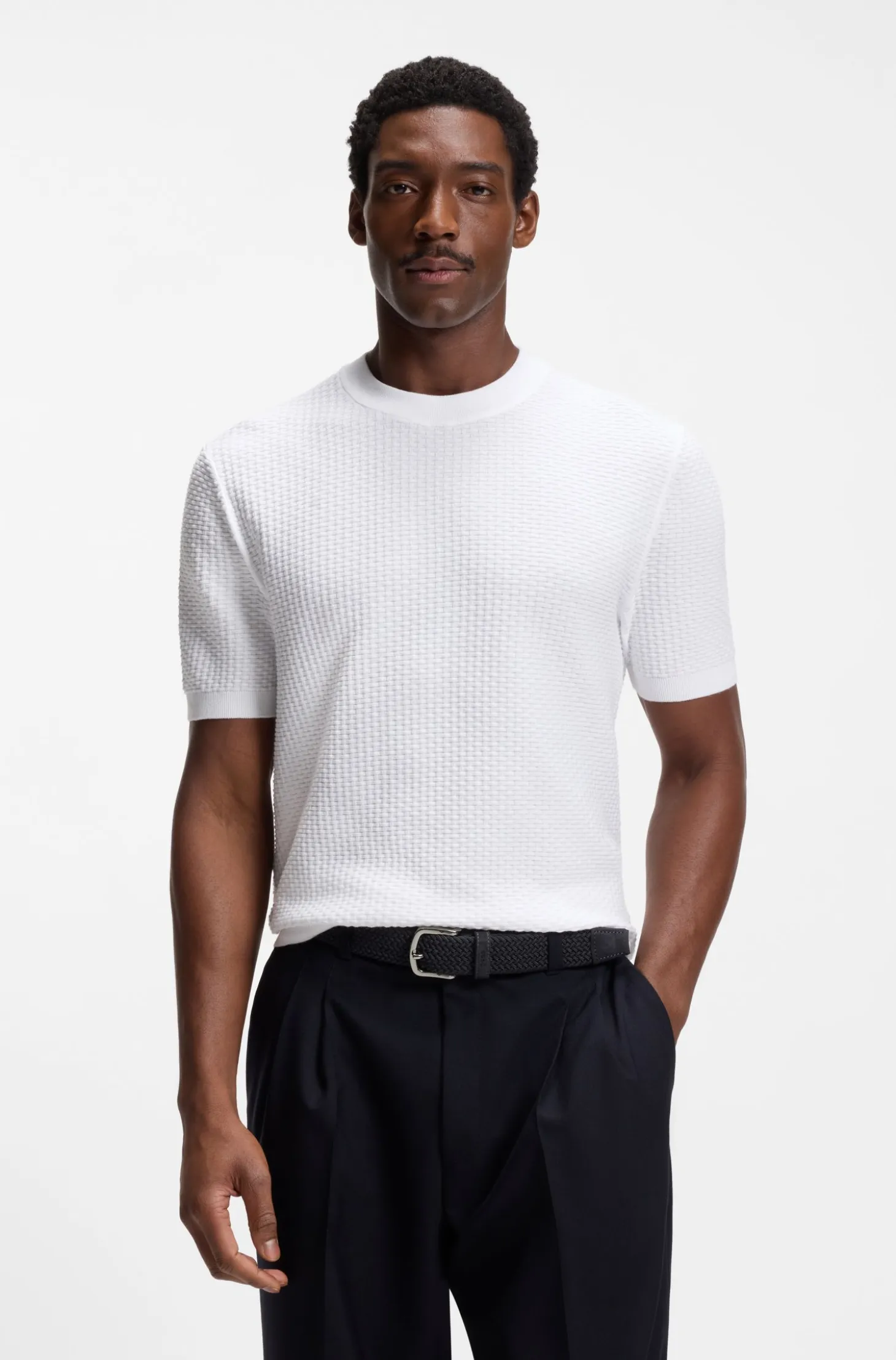 Woven belt with leather trims