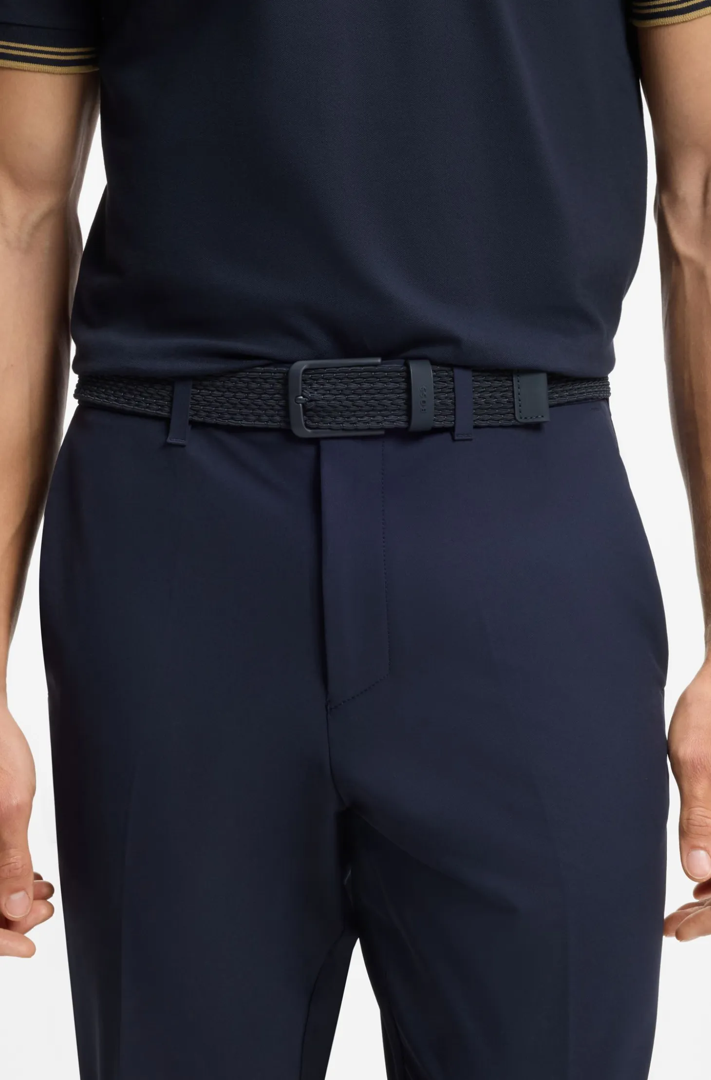 Woven belt with leather trims and logo detail