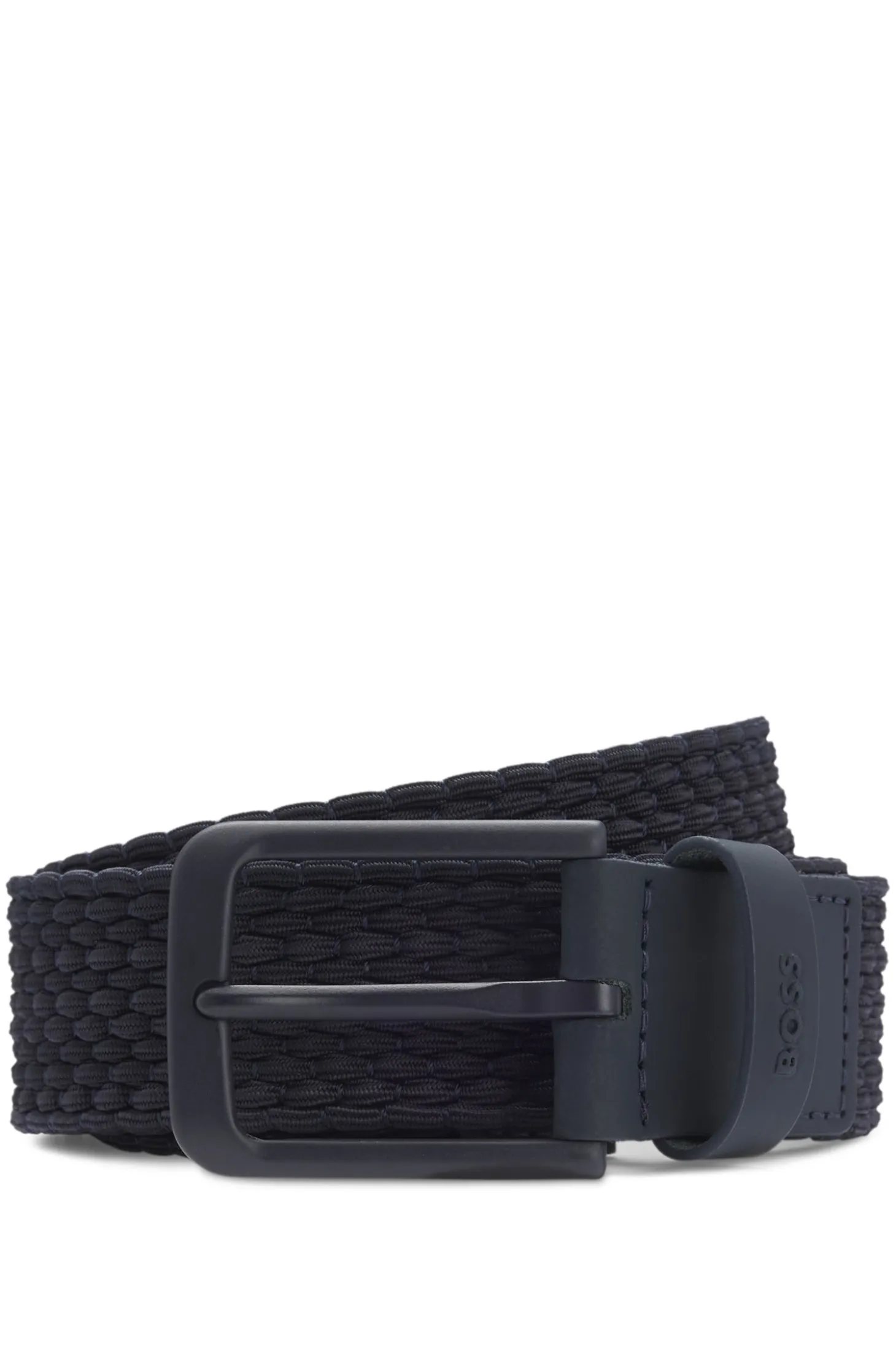 Woven belt with leather trims and logo detail