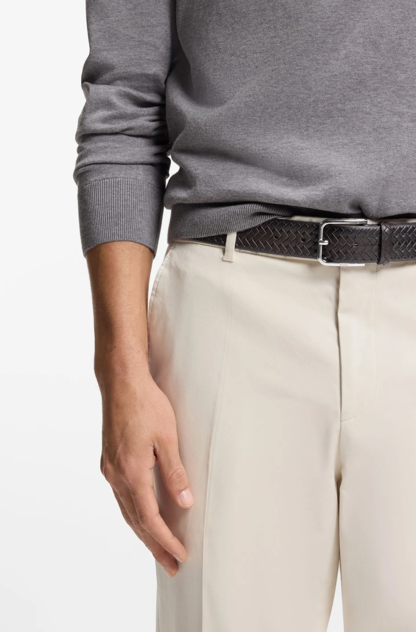 Woven-leather belt with pin buckle