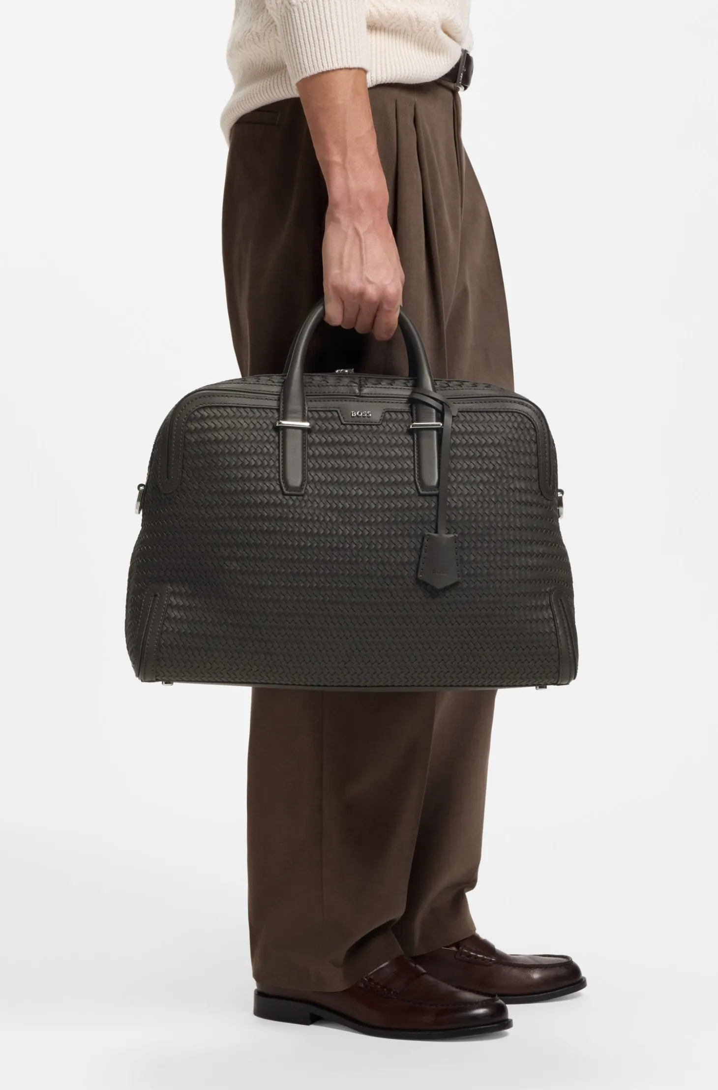 Woven-leather holdall with silver-tone logo