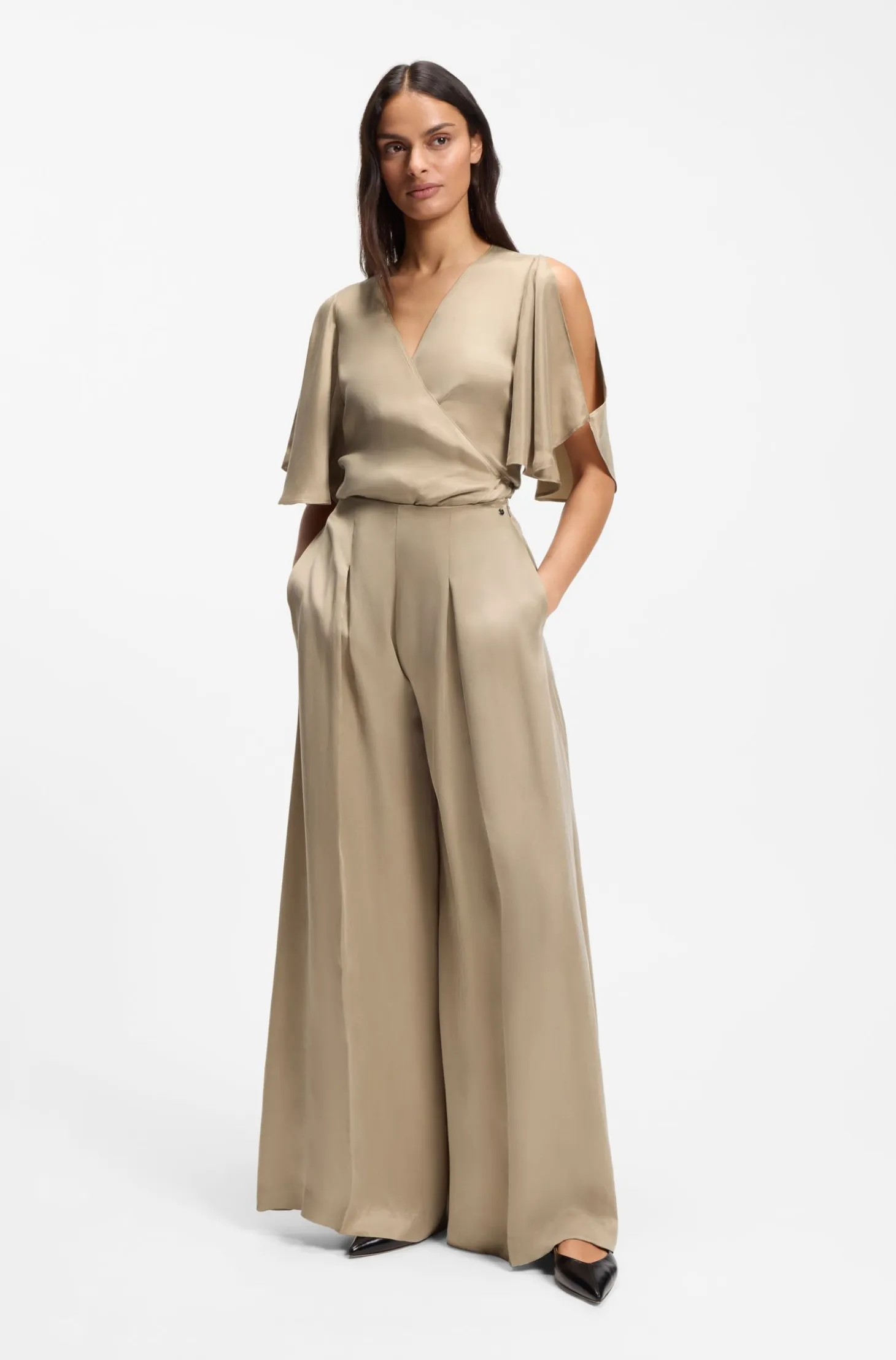 Wrap-front blouse with kimono sleeves