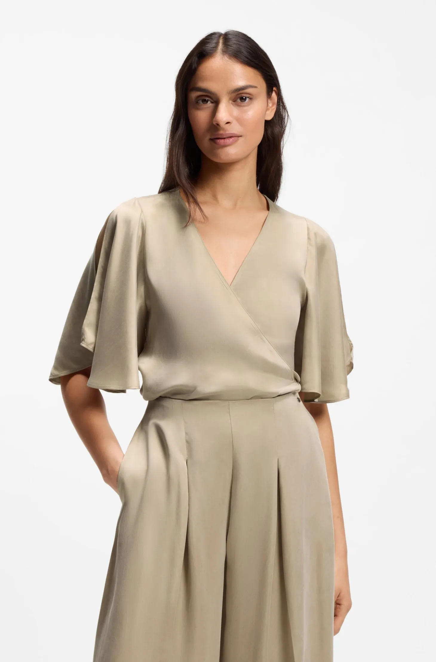 Wrap-front blouse with kimono sleeves