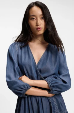 Wrap-front denim-look dress with balloon sleeves