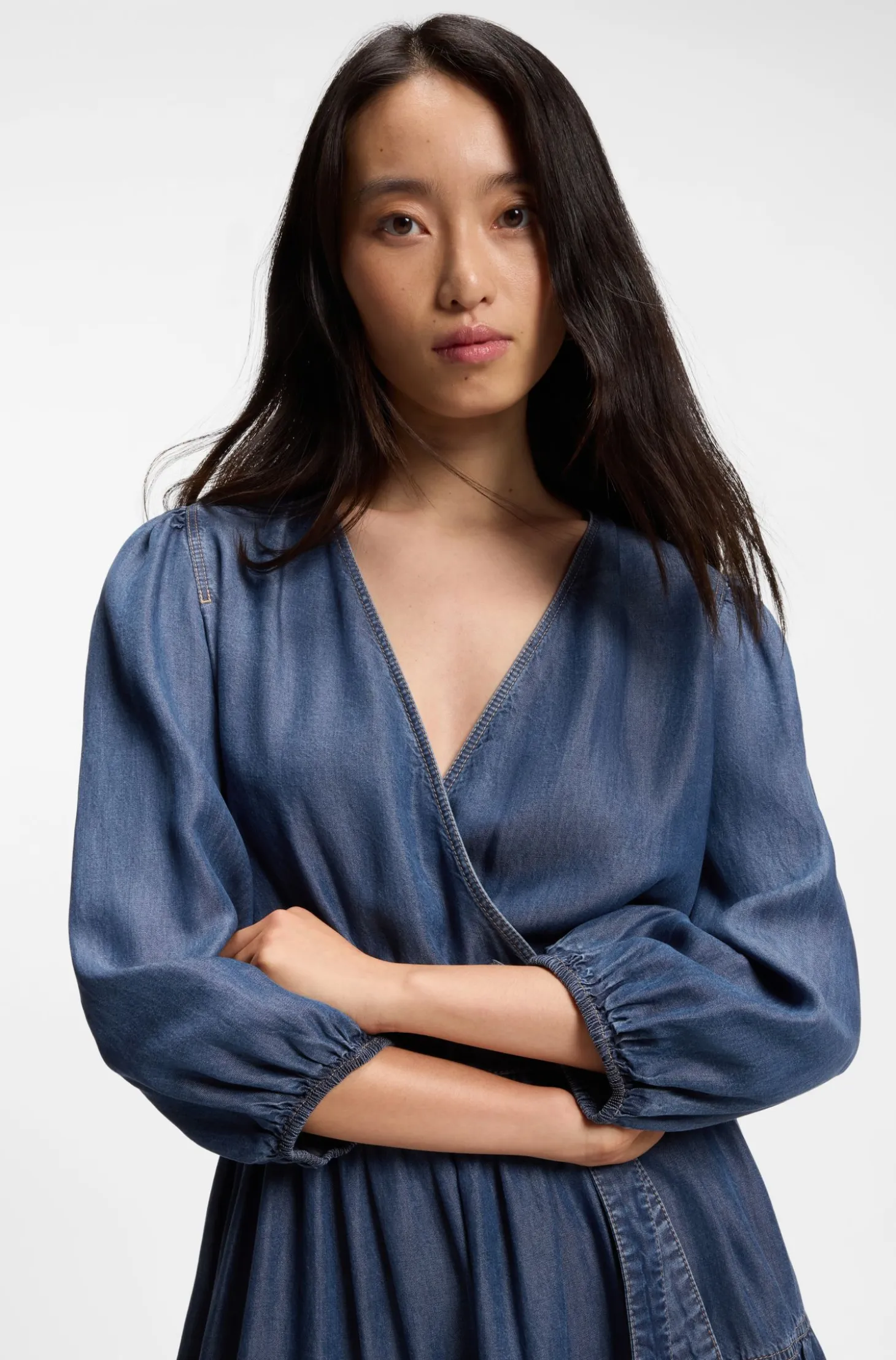 Wrap-front denim-look dress with balloon sleeves