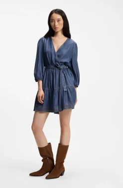 Wrap-front denim-look dress with balloon sleeves