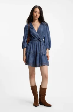 Wrap-front denim-look dress with balloon sleeves