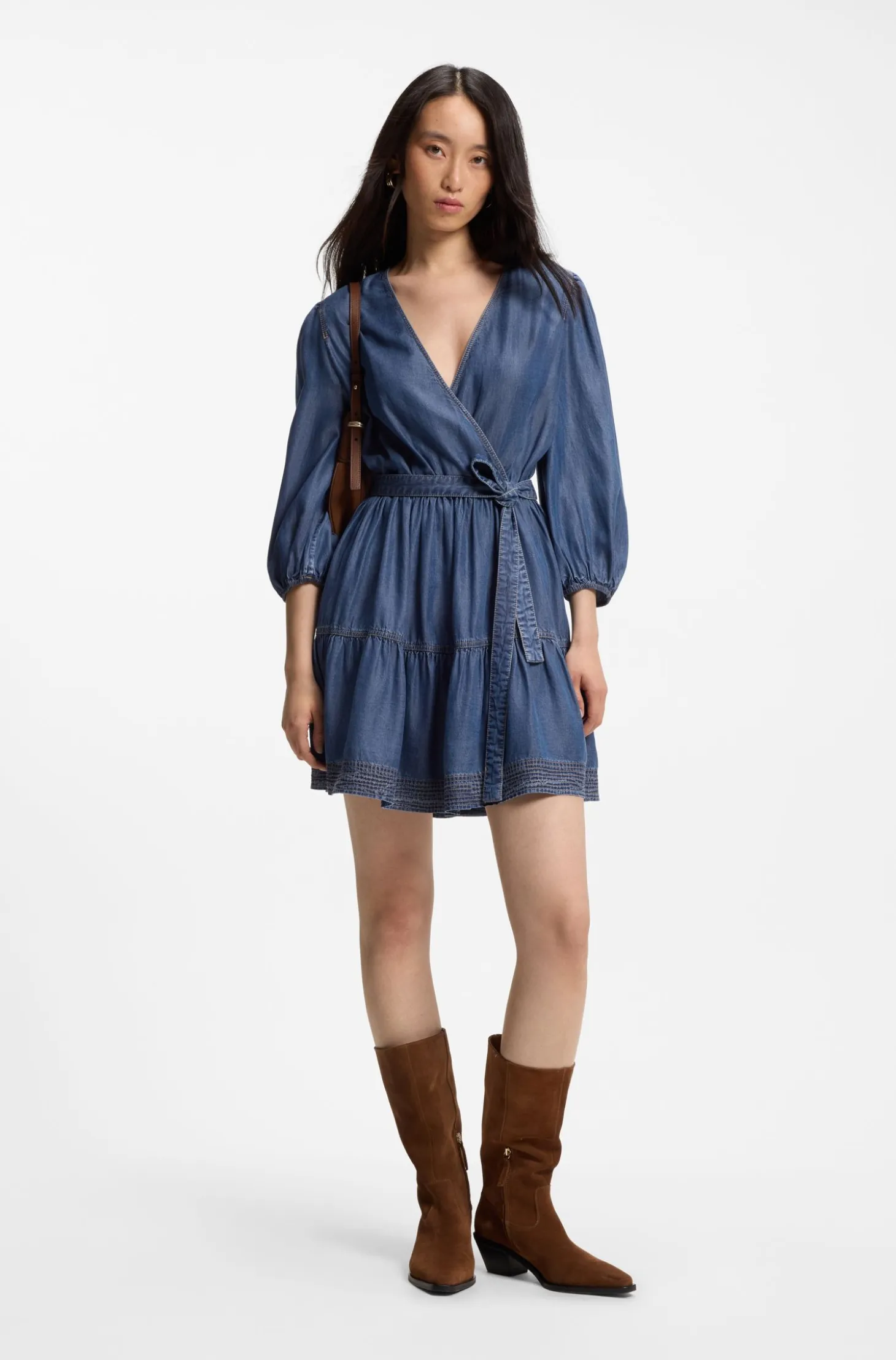 Wrap-front denim-look dress with balloon sleeves