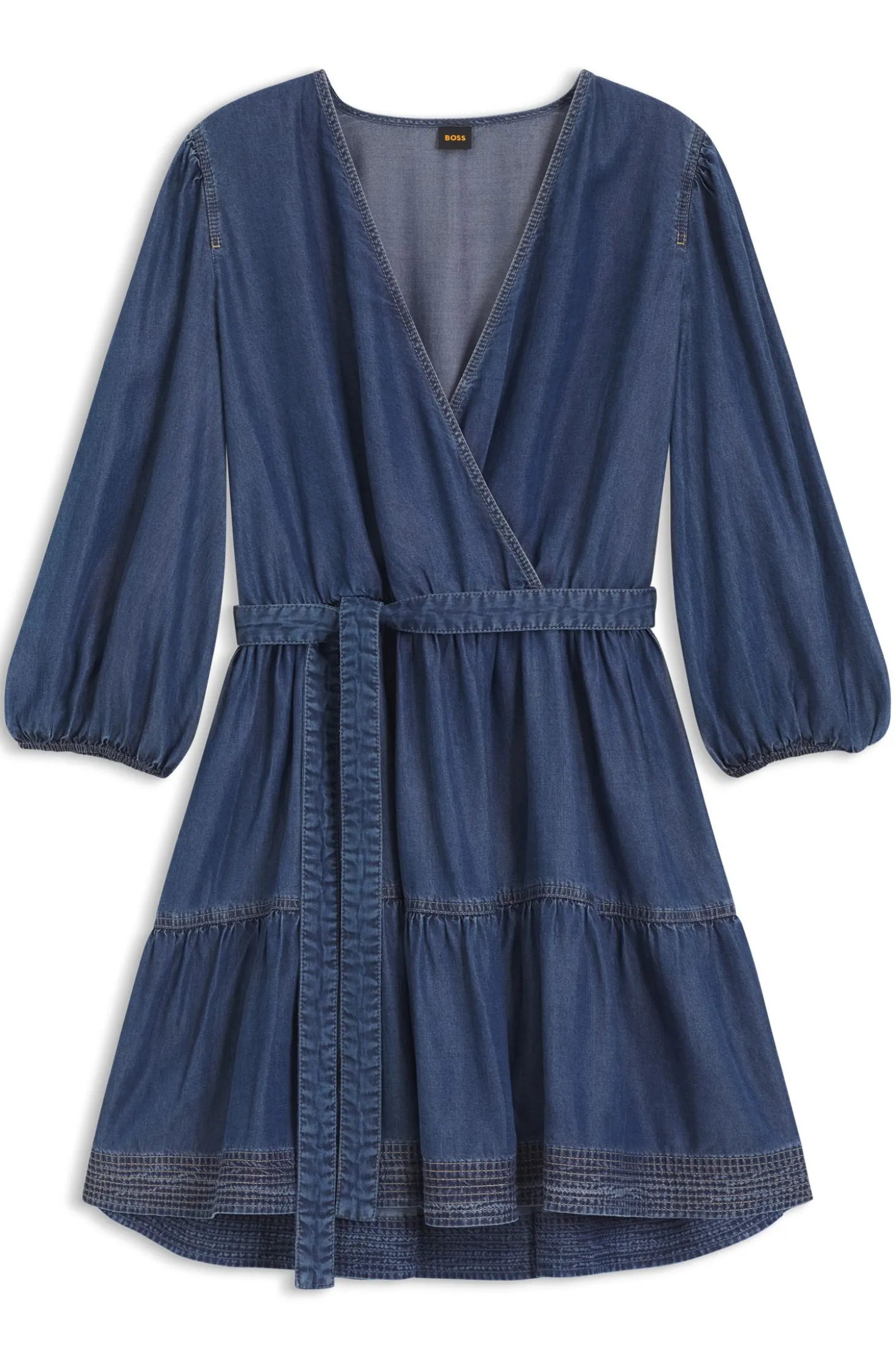 Wrap-front denim-look dress with balloon sleeves