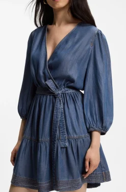 Wrap-front denim-look dress with balloon sleeves