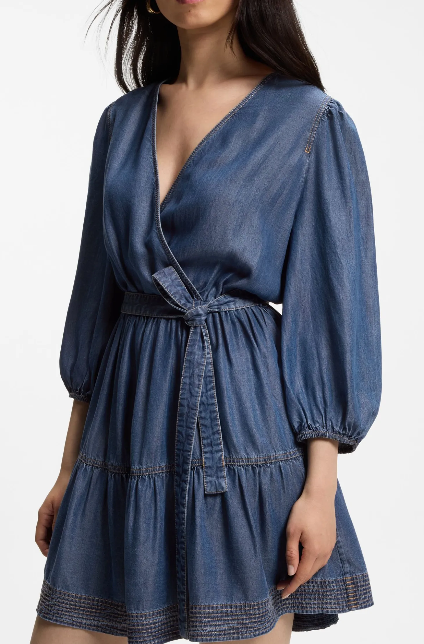 Wrap-front denim-look dress with balloon sleeves