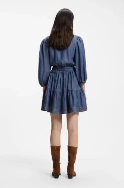 Wrap-front denim-look dress with balloon sleeves