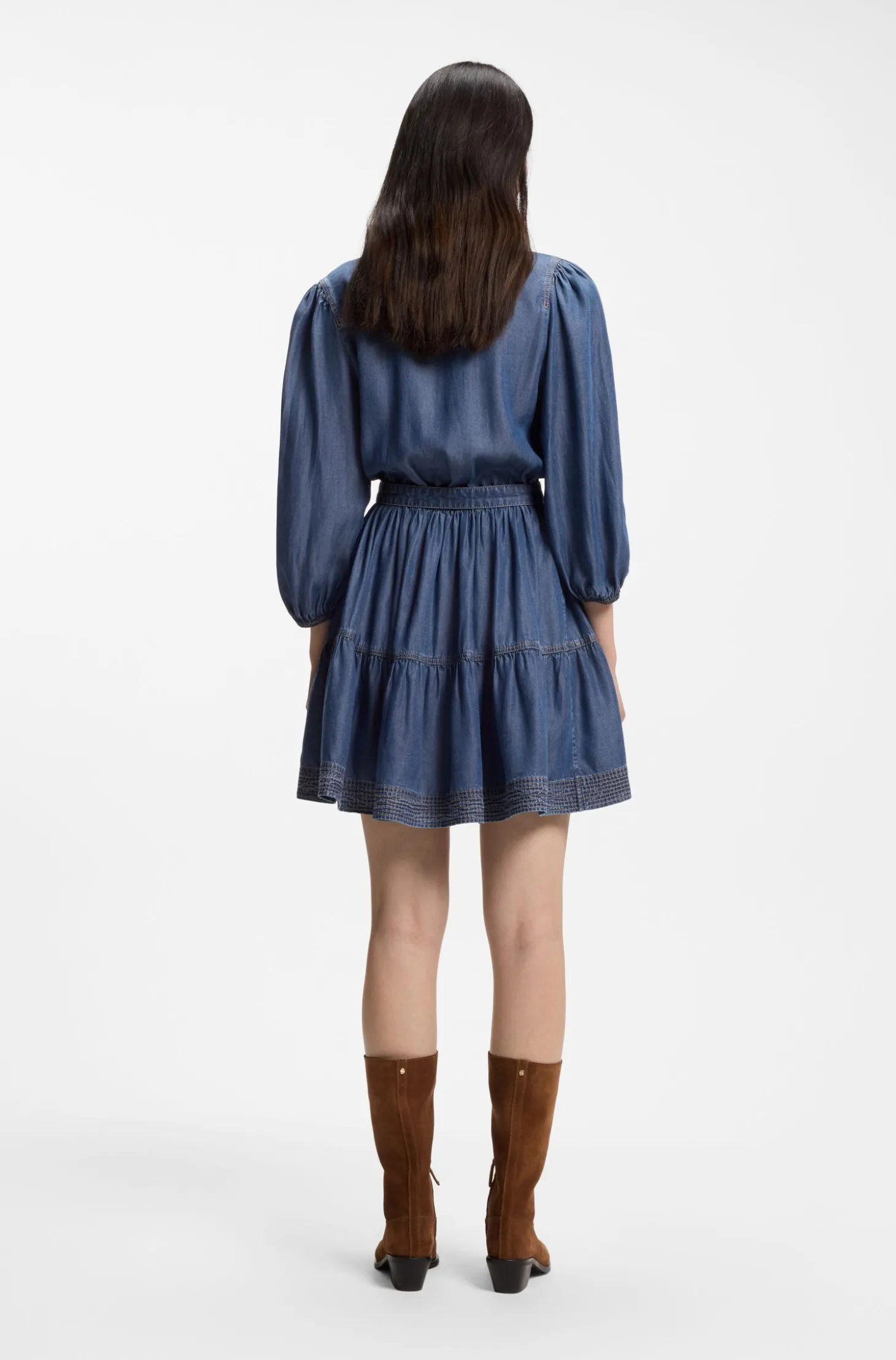 Wrap-front denim-look dress with balloon sleeves